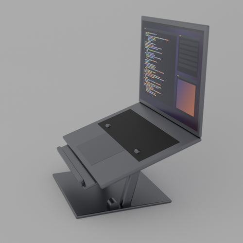 Support HALVO Rise en aluminium gris sidéral avec un ordinateur portable, rendu studio