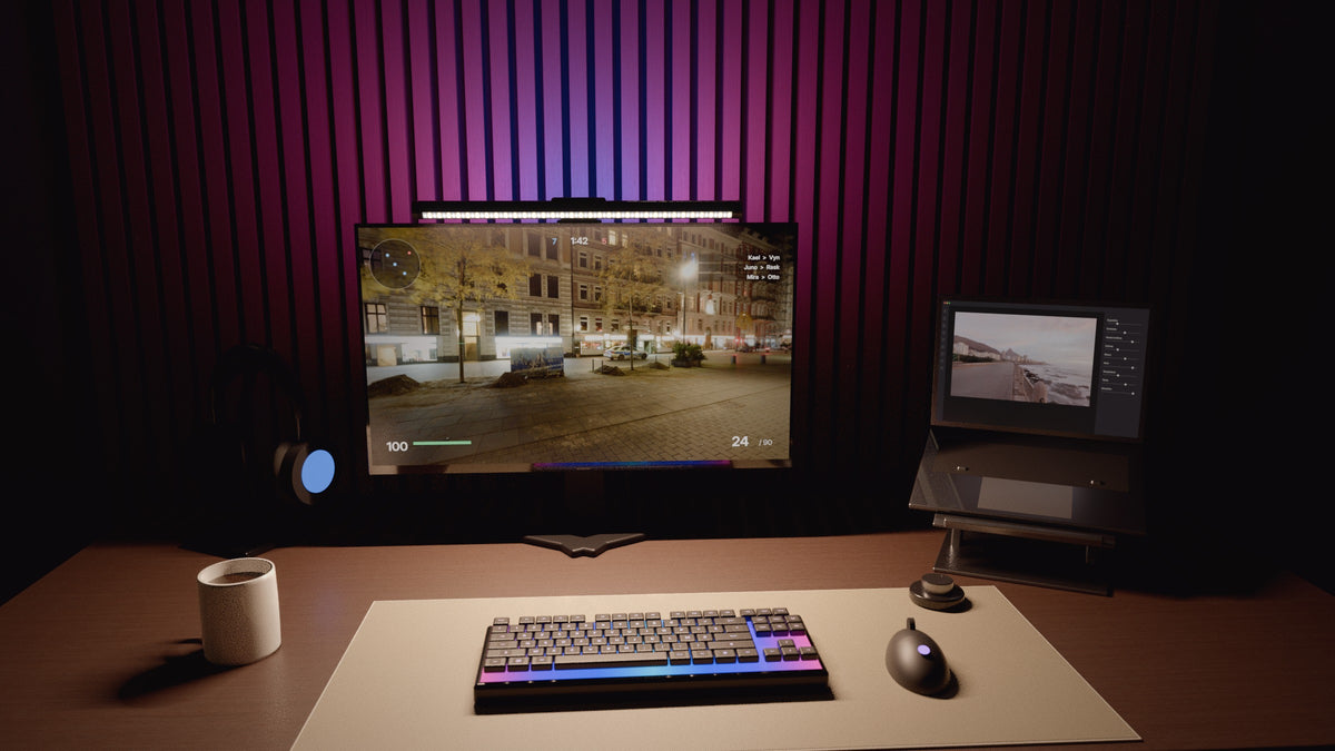 Setup complet la nuit : barre HALVO One, tapis Field, support de casque Arc et support d'ordinateur Rise (rendu 3D)